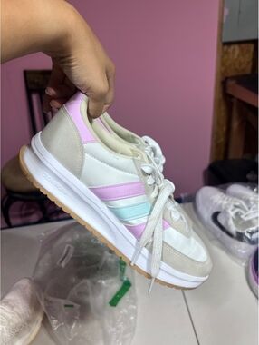 Adidas Retro Style White Sneakers with Pink and Light Blue Stripes